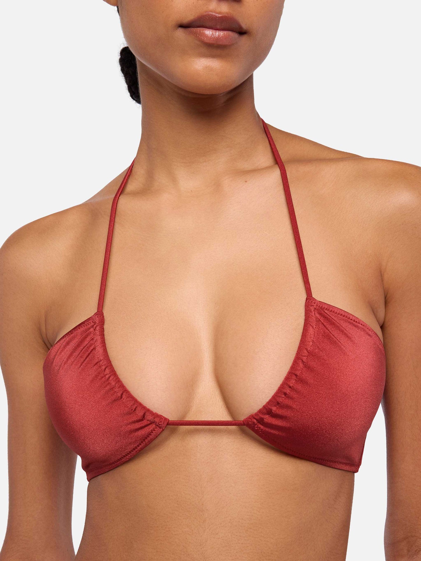 Dahlia top a fascia rosso mattone shimmer - Norah slip mare cheeky con stampa cow skin