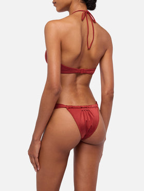 Dahlia top a fascia rosso mattone shimmer - Norah slip mare cheeky con stampa cow skin