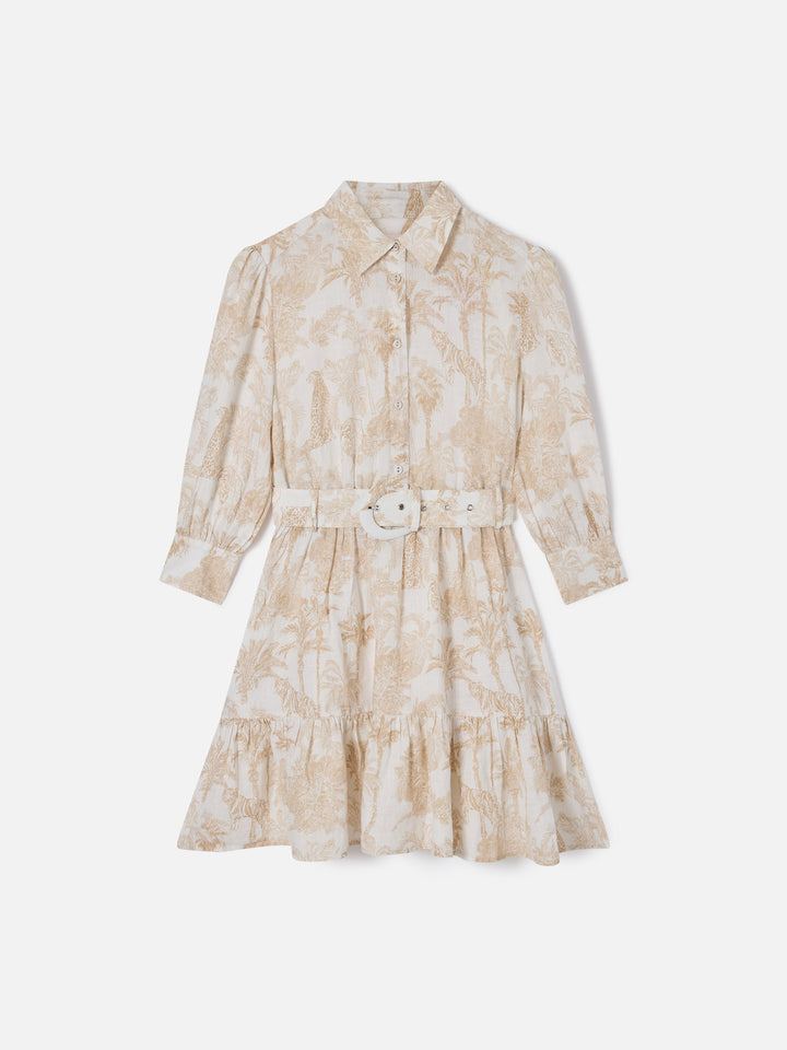 Abito Daisi in lino con stampa toile de jouy in beige