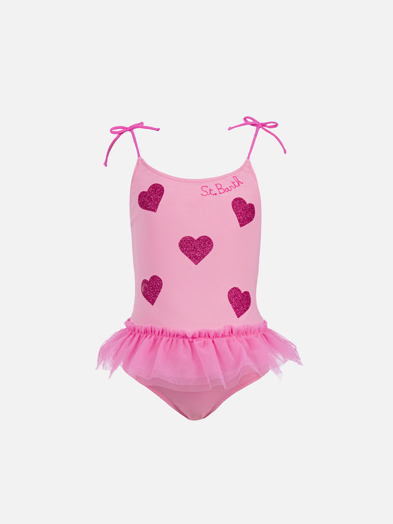 Dancer one-piece swimsuit with tulle ruffle and glittered hearts