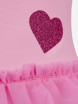 Dancer one-piece swimsuit with tulle ruffle and glittered hearts