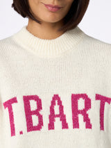 Woman white sweater Danya with St. Barth print