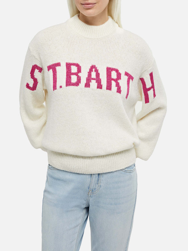 Woman white sweater Danya with St. Barth print