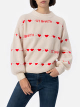 Woman white ribbed sweater Danya with heart print