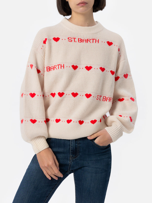 Woman white ribbed sweater Danya with heart print