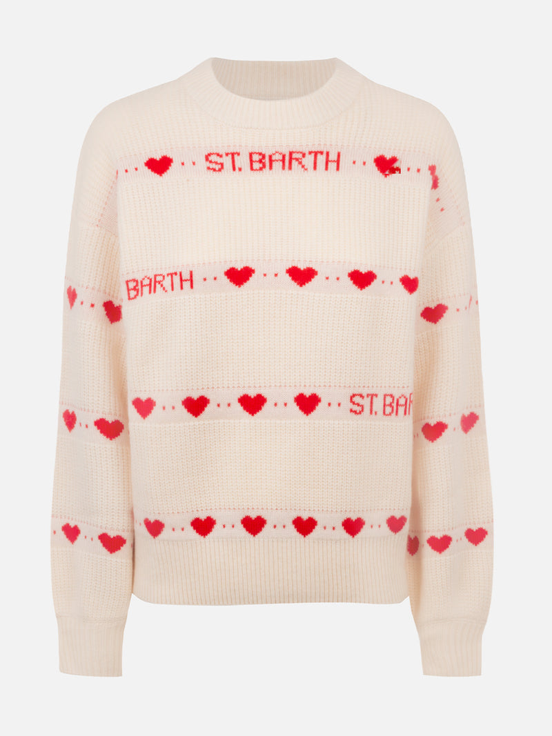 Woman white ribbed sweater Danya with heart print