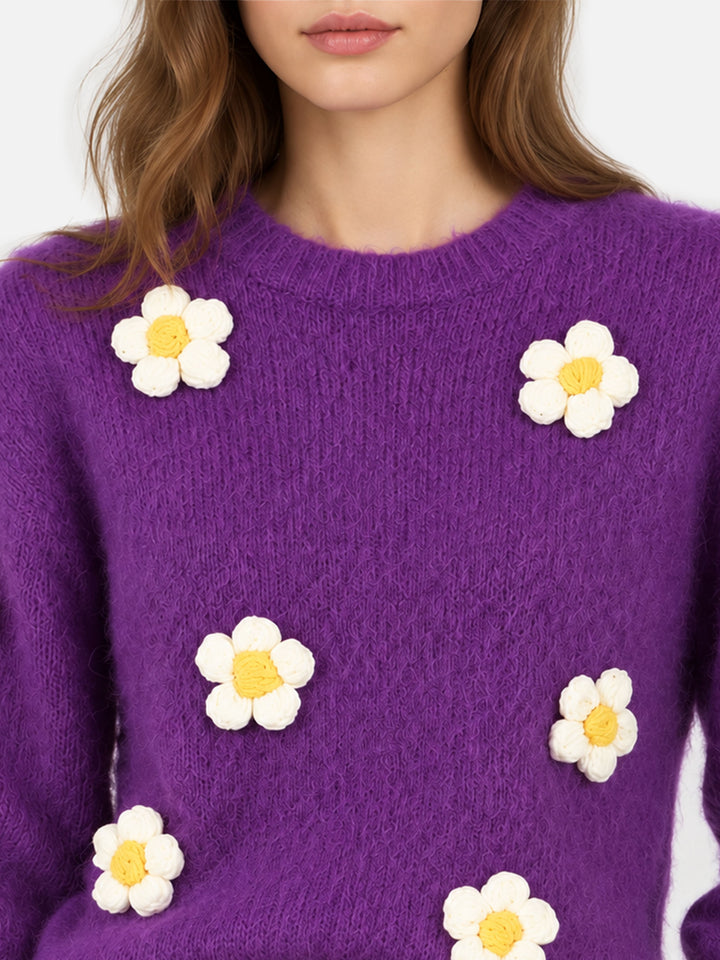 Suéter de cuello redondo Purple Danya Soft con aplicaciones de margaritas 