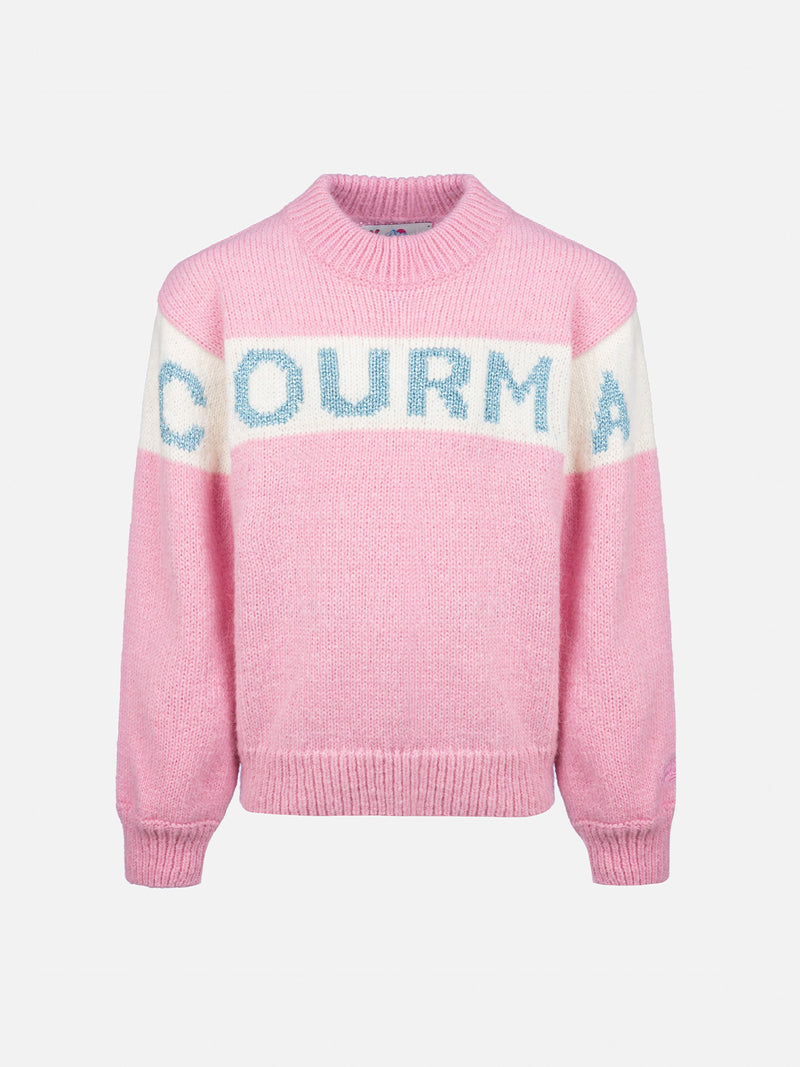 Girl pink crewneck sweater Danya with Courma lurex logo