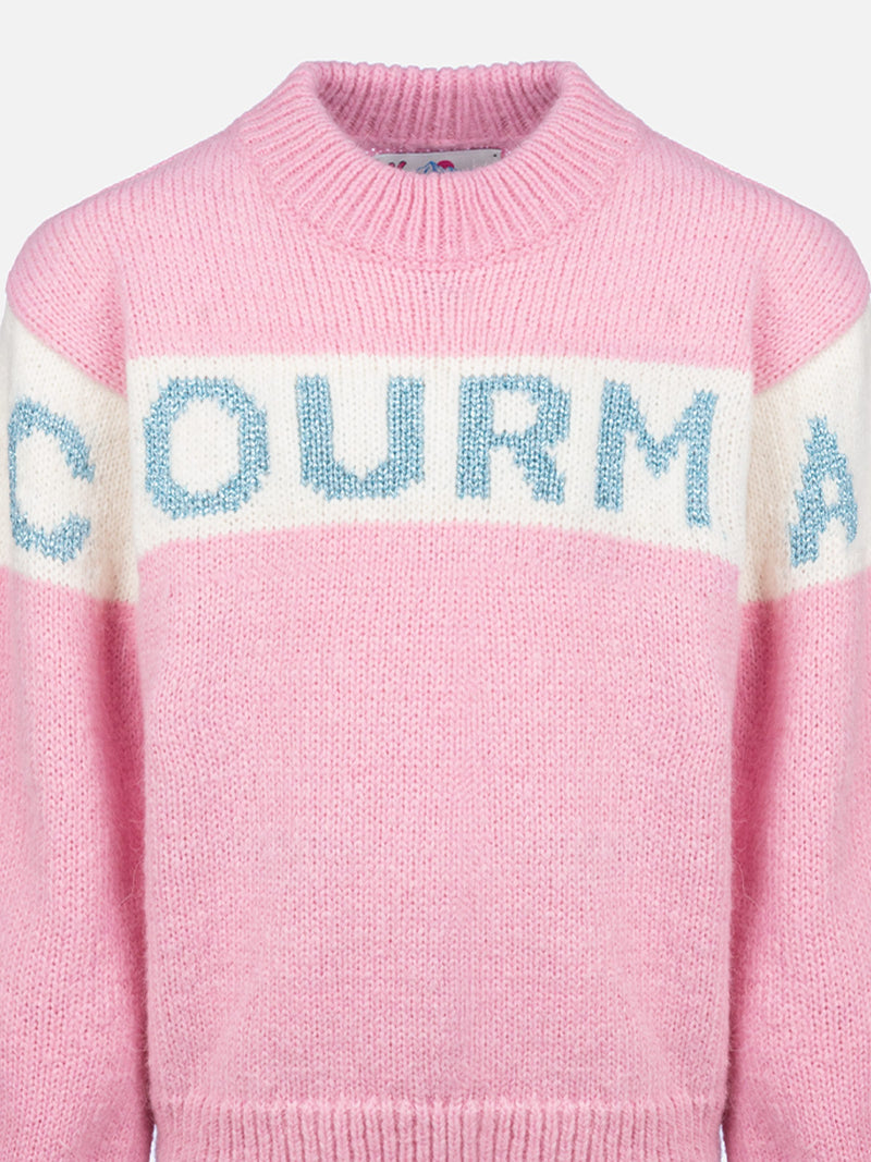 Girl pink crewneck sweater Danya with Courma lurex logo