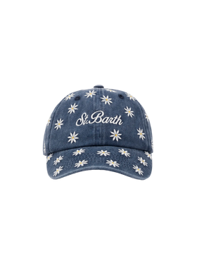 Cappellino Davis  Jr in denim blu con ricamo margherite
