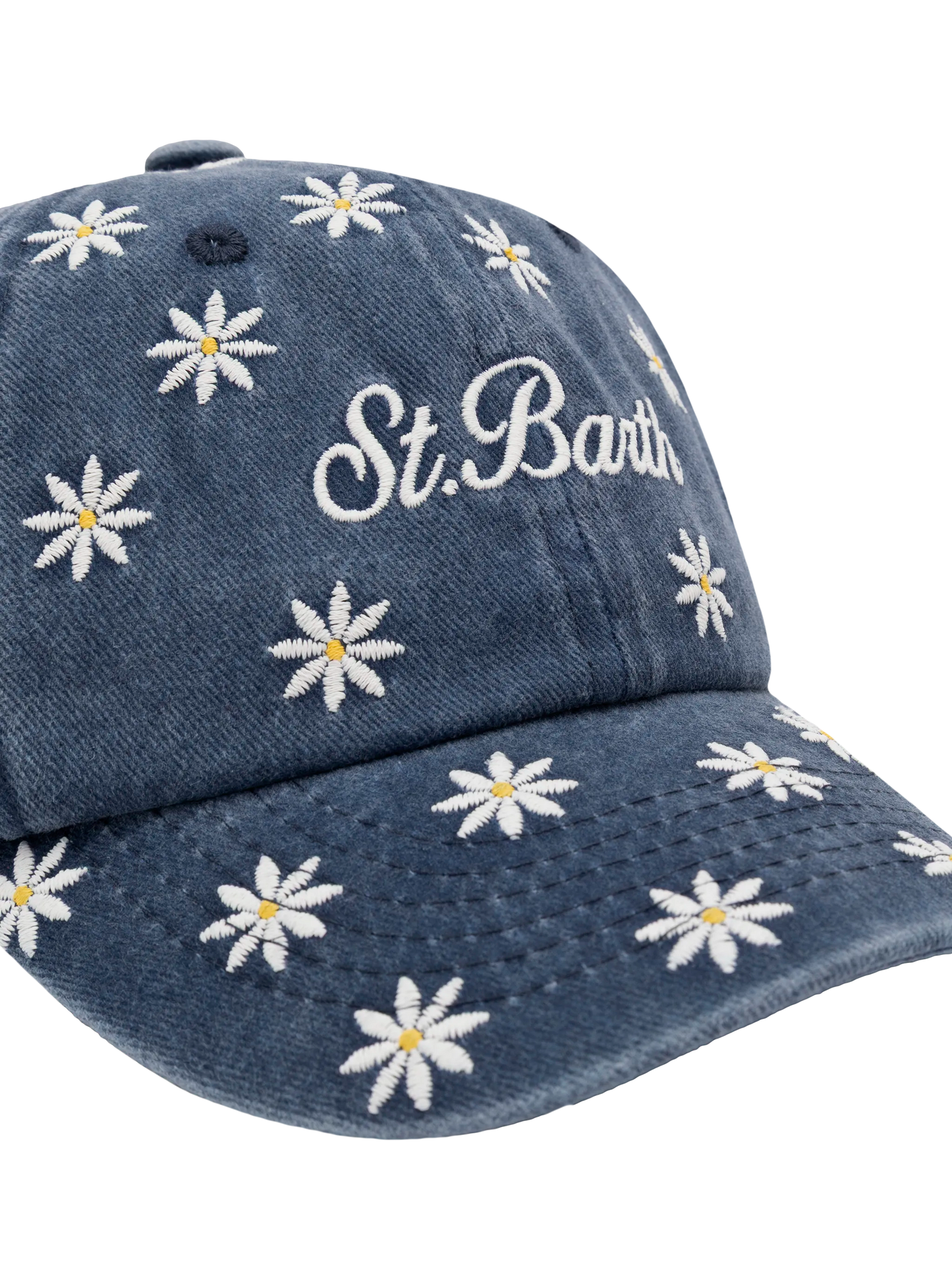 Cappellino Davis  Jr in denim blu con ricamo margherite