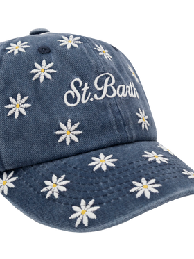 Cappellino Davis  Jr in denim blu con ricamo margherite