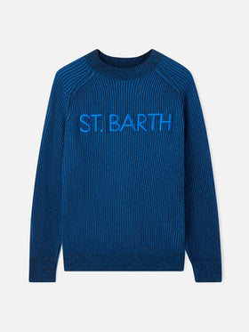 Davos gerippter blauer Pullover mit halbem Rollkragen 
