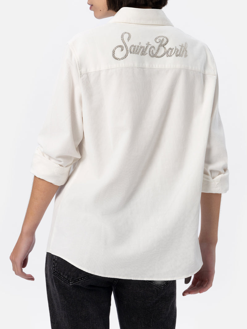 Camicia da donna in velluto a coste bianco sporco Deer con logo in strass St. Barth