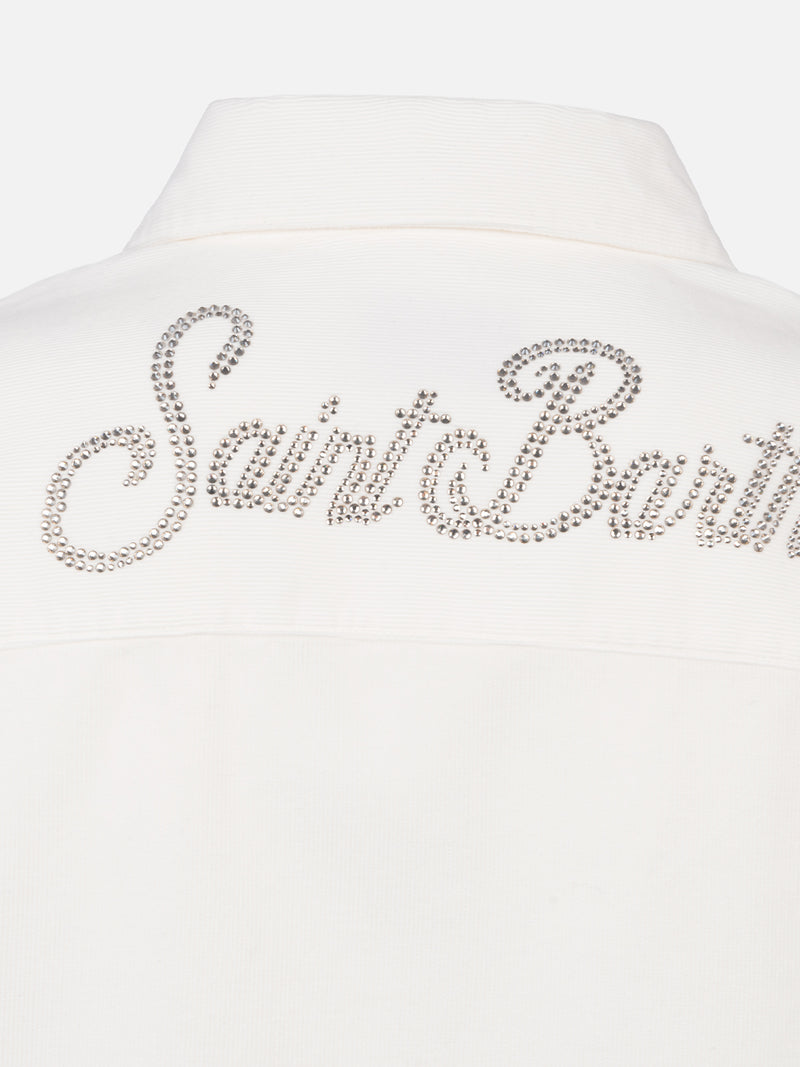 Camicia da donna in velluto a coste bianco sporco Deer con logo in strass St. Barth