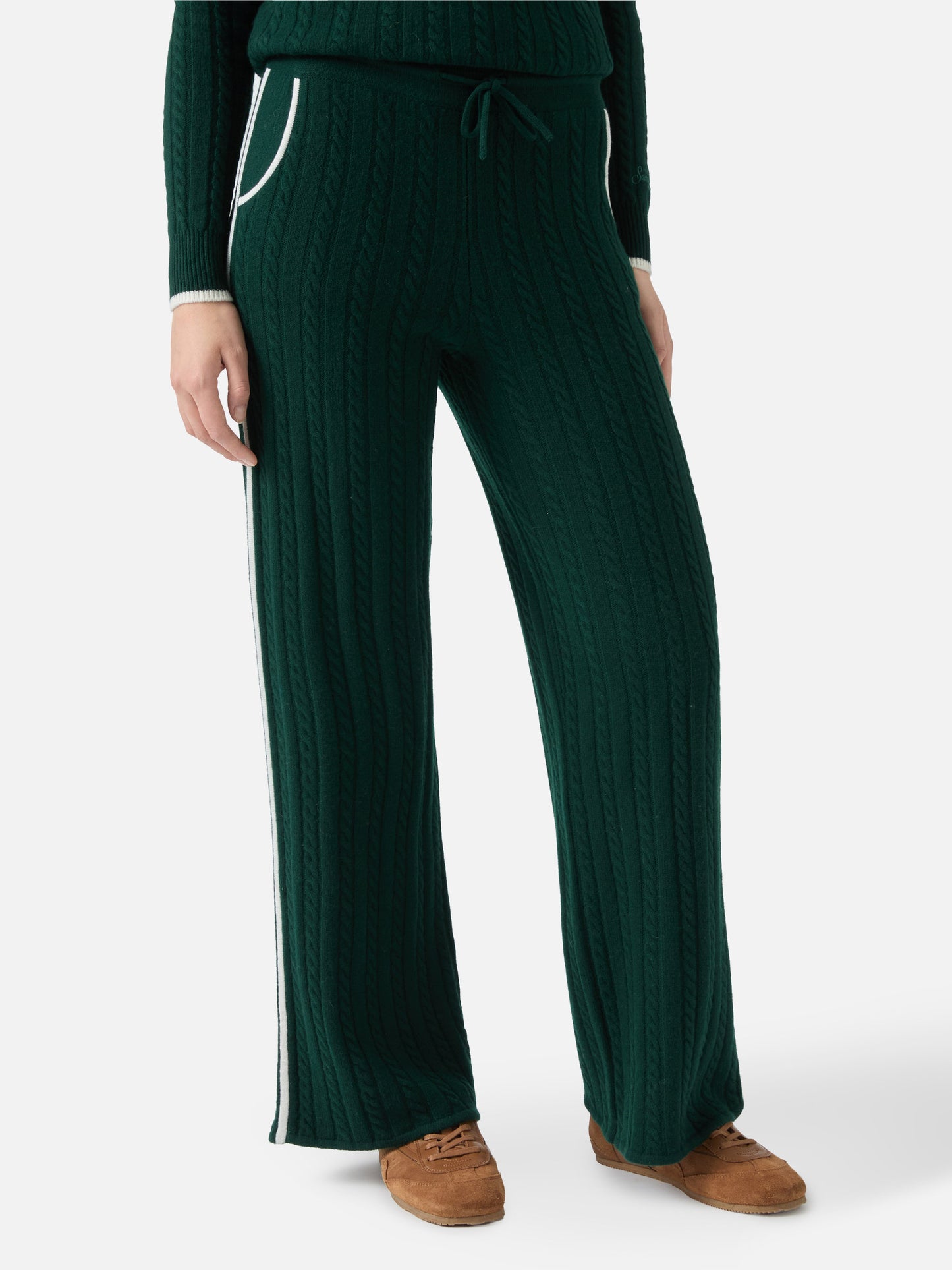 Dinard cable-knit trousers in British green wool with St. Barth embroidery