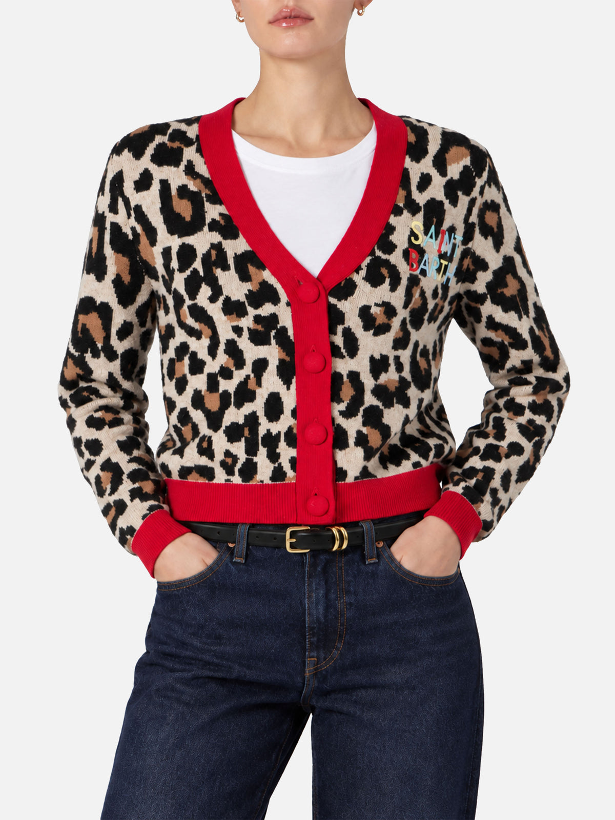 Damen-Cropped-Cardigan mit Saint Barth-Stickerei 