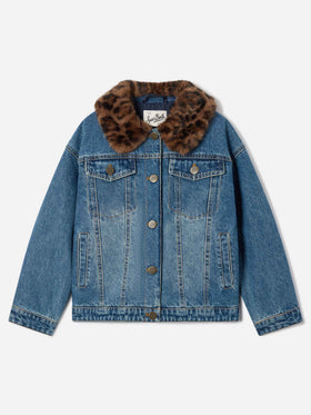 Giacca Dailys azzurra in denim con collo in effetto pelliccia