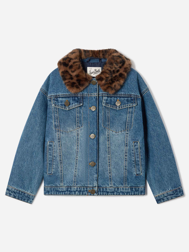 Giacca Dailys azzurra in denim con collo in effetto pelliccia