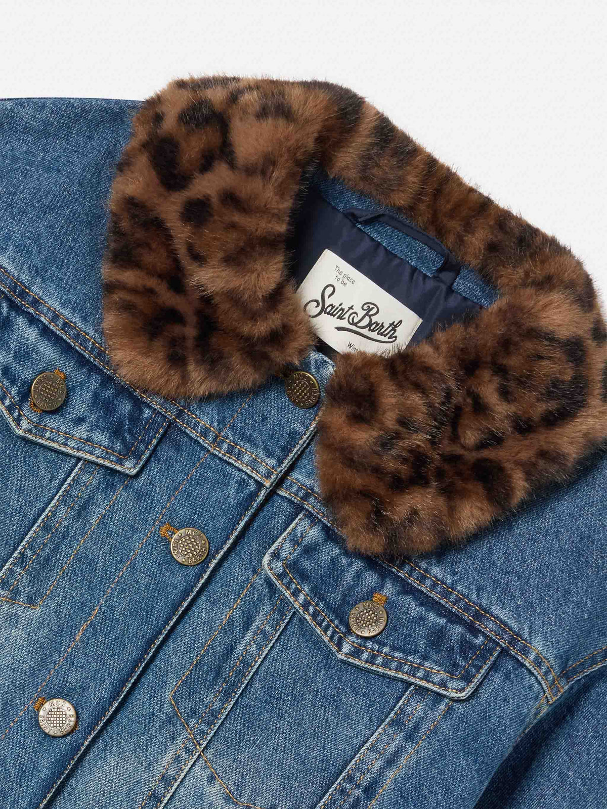 Giacca Dailys azzurra in denim con collo in effetto pelliccia