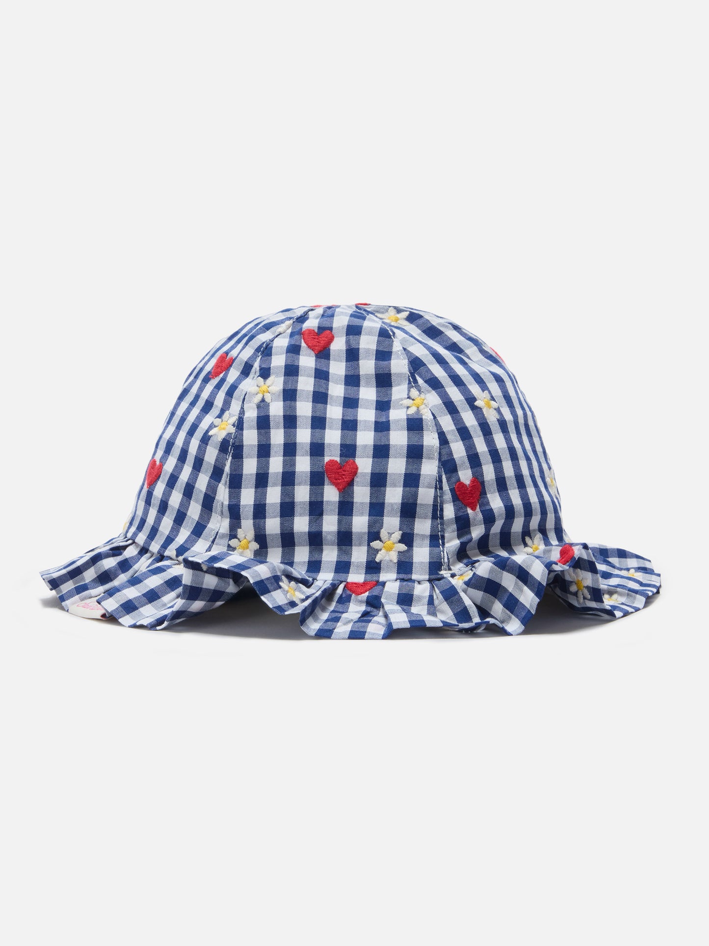 Navy Doremi sun hat with cotton vichy flower heart embroidery