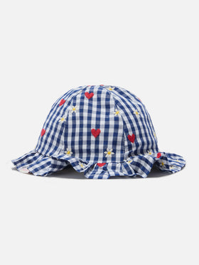 Navy Doremi sun hat with cotton vichy flower heart embroidery