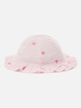 Cappellino da sole Doremi in mussola rosa con ricamo cuori