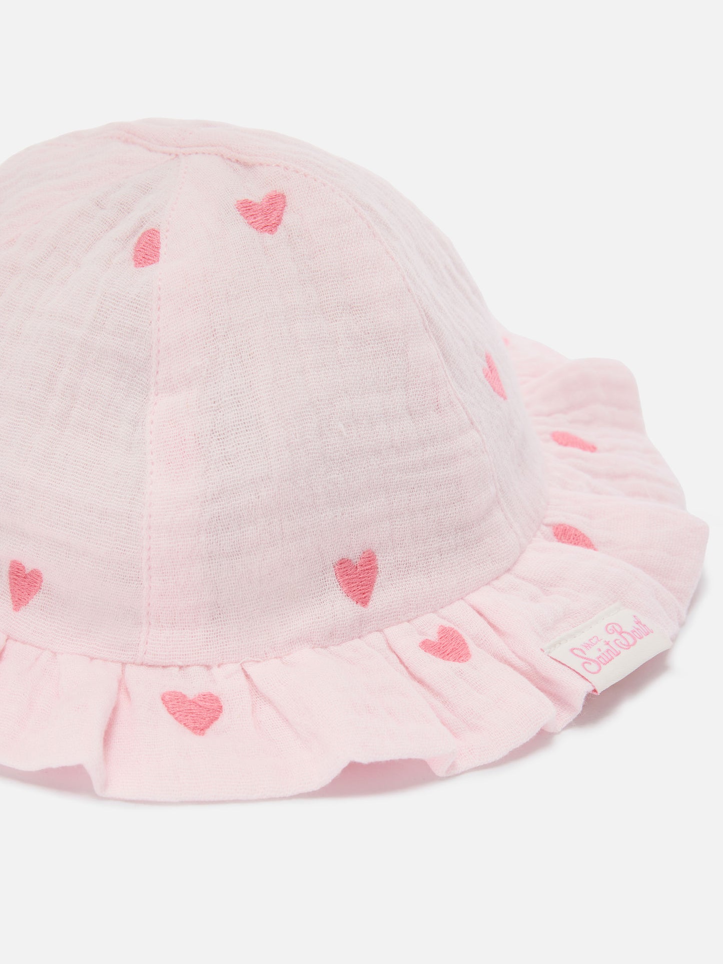 Cappellino da sole Doremi in mussola rosa con ricamo cuori