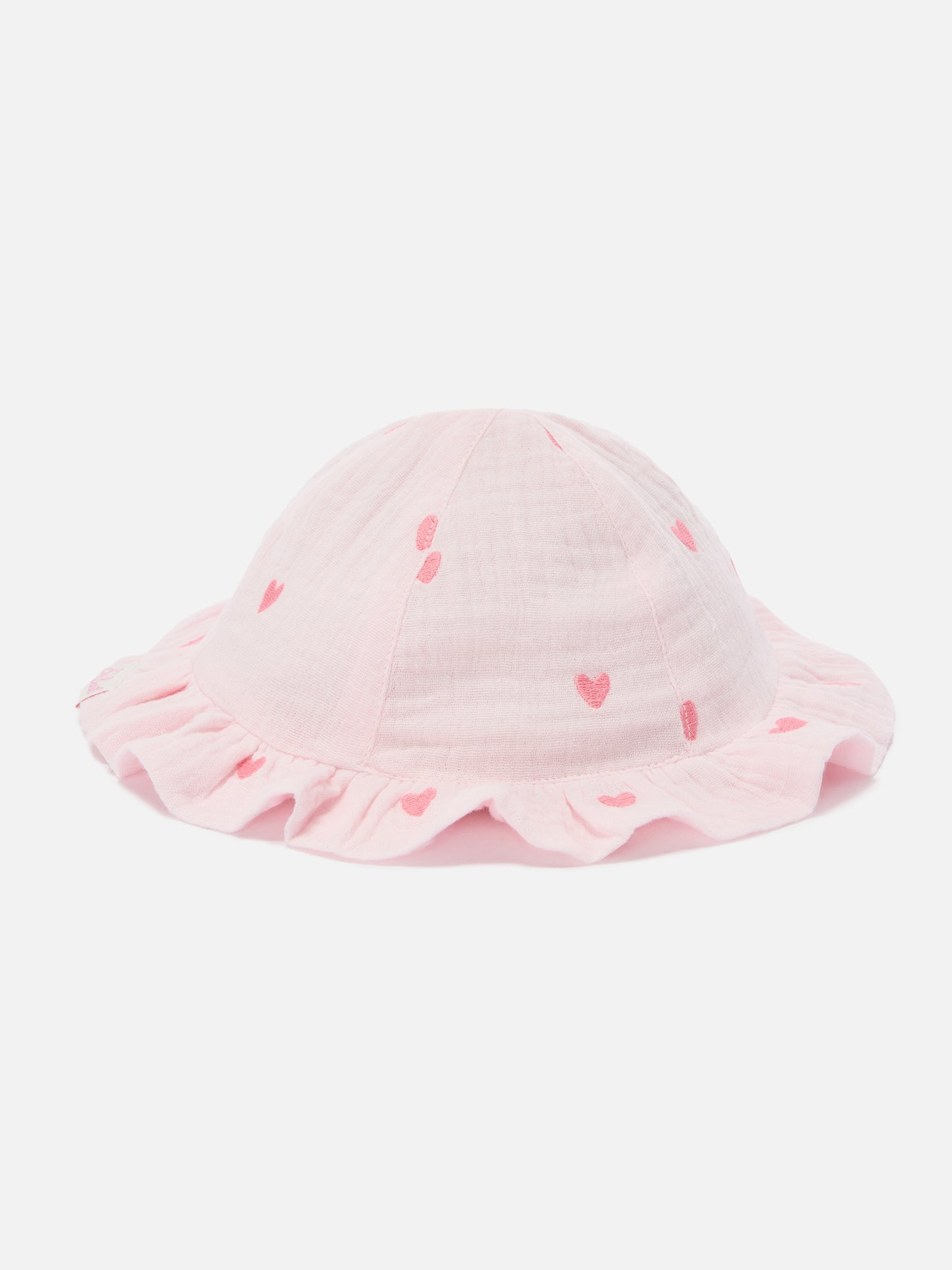 Cappellino da sole Doremi in mussola rosa con ricamo cuori