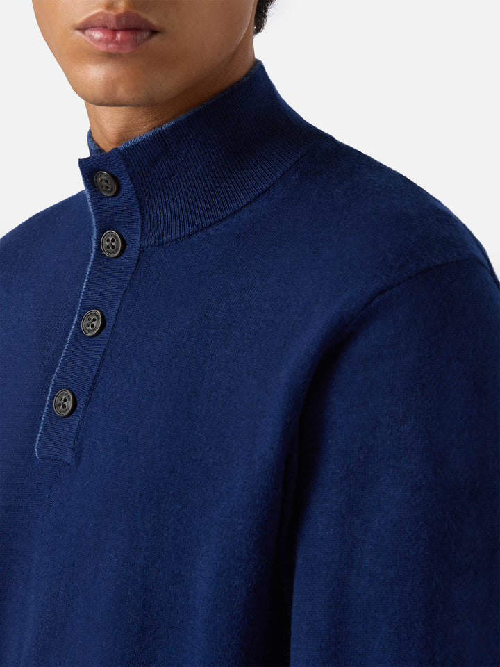 Maglione mezzocollo con zip in lana merino e cashmere blu navy
