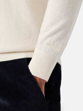 Maglione mezzocollo con zip in lana merino e cashmere bianco
