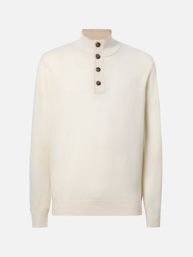 Maglione mezzocollo con zip in lana merino e cashmere bianco