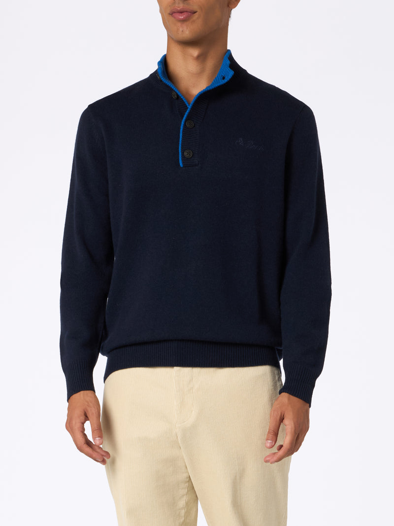 Man navy blue blended cashmere polo sweater Dorian