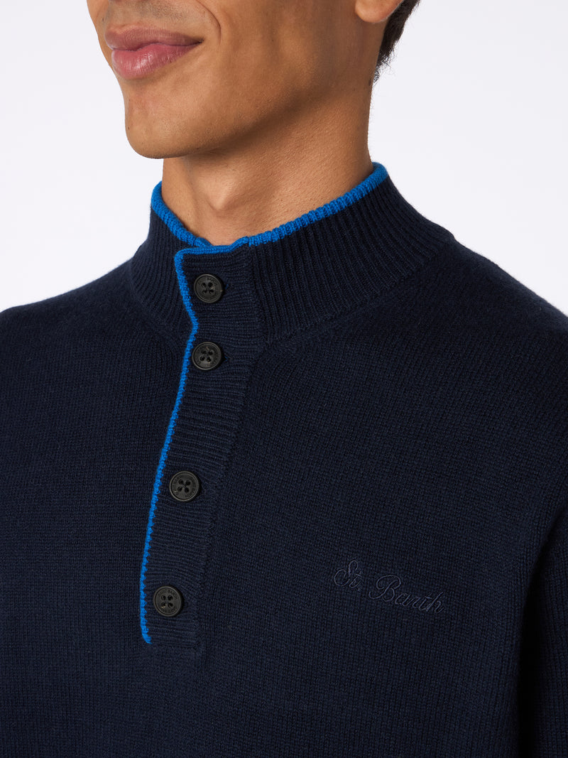 Man navy blue blended cashmere polo sweater Dorian