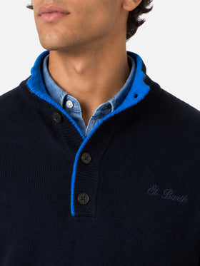 Navy blue Dorian polo collar sweater with horn buttons