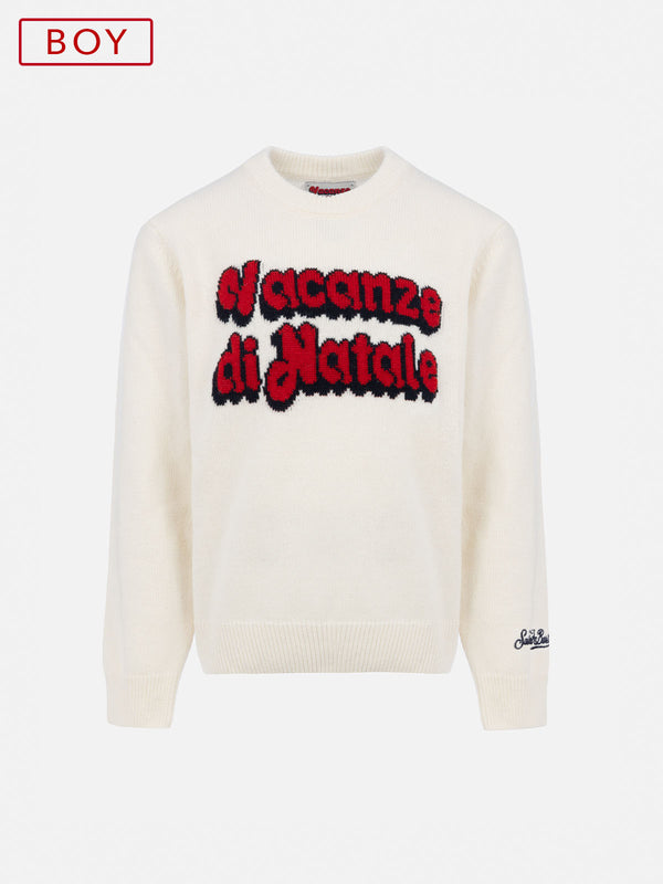 Weißer Jungenpullover Douglas mit Rundhalsausschnitt und Jacquard-Logo aus dem Film „Vacanze di Natale“ | VACANZE DI NATALE SONDERAUSGABE