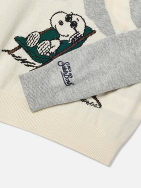 Jersey de punto gris con cuello redondo y Snoopy intarsia | Special edition 