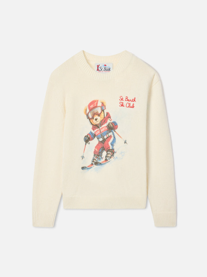 Maglia girocollo Douglas panna in misto lana e cashmere con intarsio e ricamo orsetto