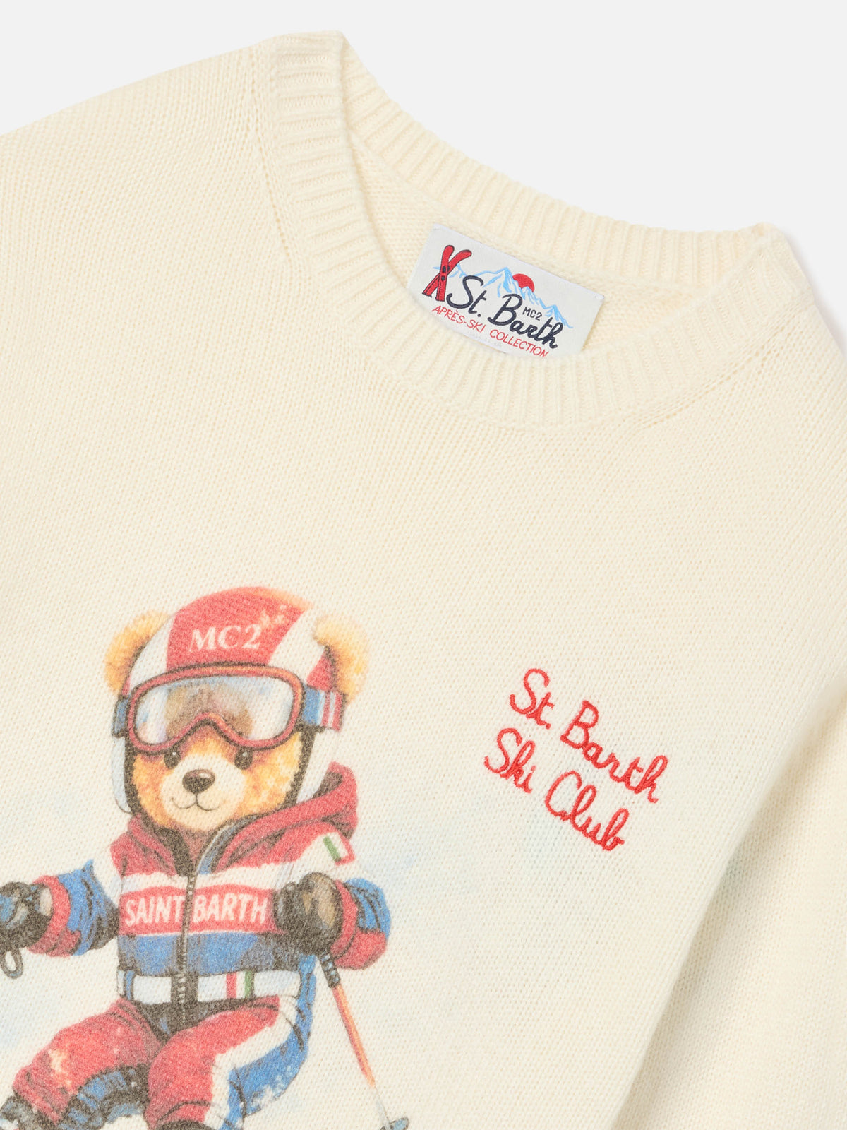 Maglia girocollo Douglas panna in misto lana e cashmere con intarsio e ricamo orsetto