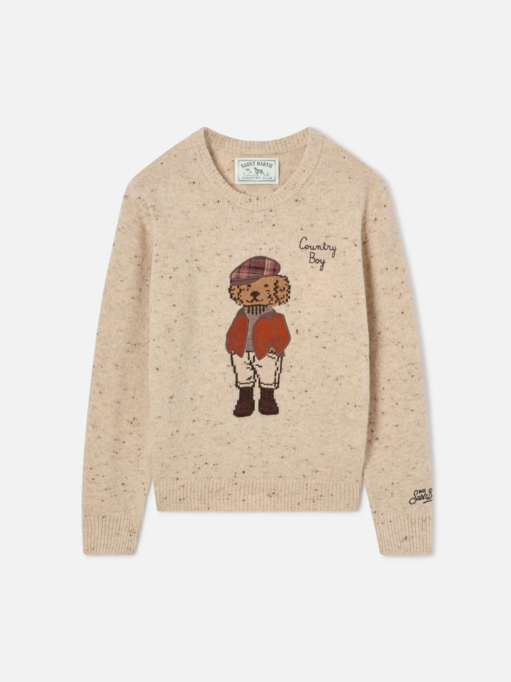 Cremefarbener Crewneck-Pullover aus Douglas Wollmischung in Donegal-Strick mit Teddy-Bär-Patch und Country Boy-Stickerei 