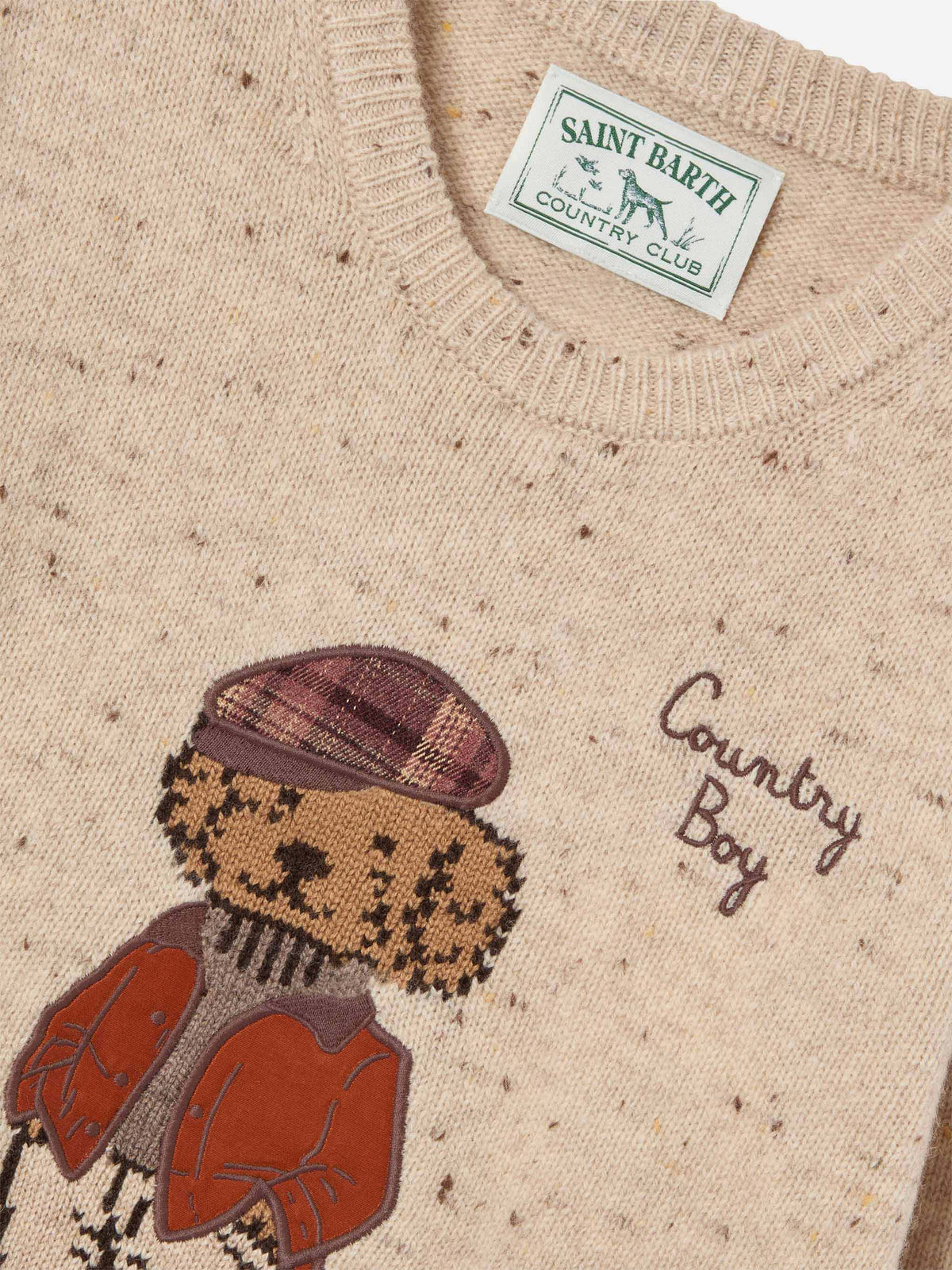 Cream Douglas wool blend Donegal knit crewneck with teddy bear patch and Country Boy embroidery
