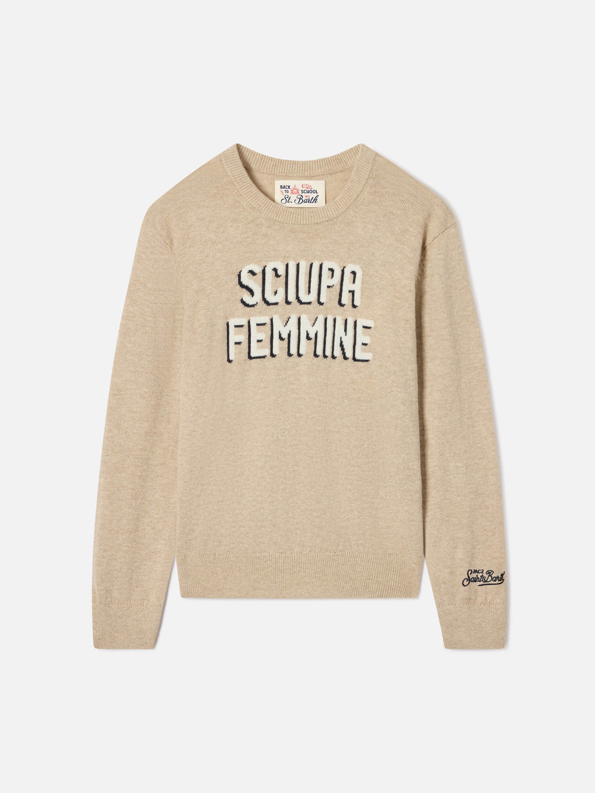 Jersey de cuello redondo en mezcla de algodón y lana virgen Beige Douglas con intarsia Sciupa Femmine 