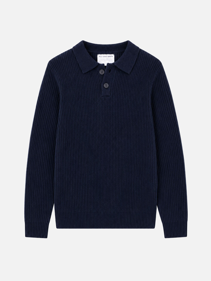 Jersey acanalado azul marino Downing en BLENDED CASHMERE con cuello abotonado 