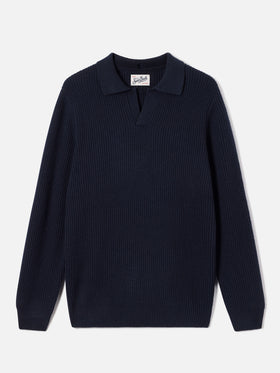 Navy blue Downing Poloshirt aus geripptem Wollstrick 