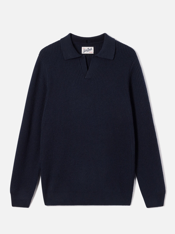 Polo de punto acanalado de lana Navy blue Downing 