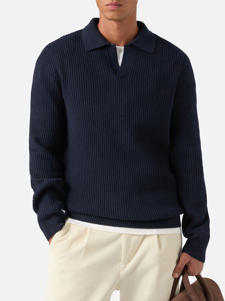 Polo de punto acanalado de lana Navy blue Downing 
