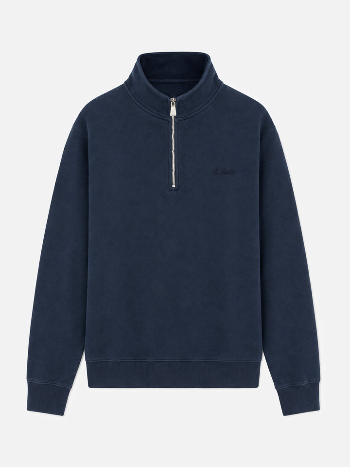 Dunkan half zip cotton sweatshirt in navy blue solid color with logo embroidery