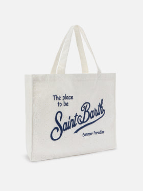 Borsa Essential in cotone sangallo bianco con logo a contrasto