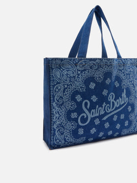 Borsa Essential in tessuto denim con stampa bandana e logo a contrasto