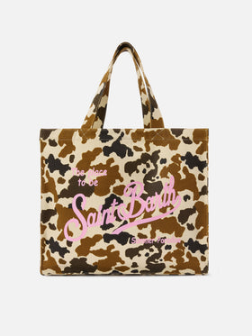 Borsa Essential in canvas con stampa muccata e logo stampato